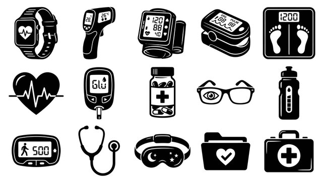Medical Healthcare Devices Flat Glyphs Icons Set - Health Monitoring and Wellness Black  White Symbols