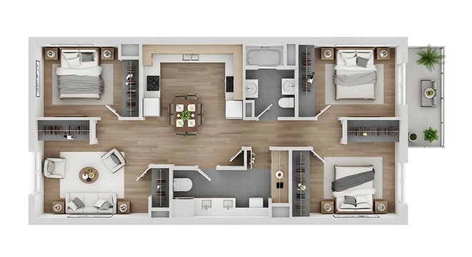 Modern 3d floor plan of a threebedroom apartment with furniture and balcony