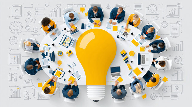 Business Brainstorming Session: A team of diverse professionals sits around a large table, collaborating on ideas symbolized by a giant glowing lightbulb.