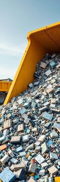 Crushed construction debris and glass breakage fill a yellow skip at a landfill site, garbage, rubble