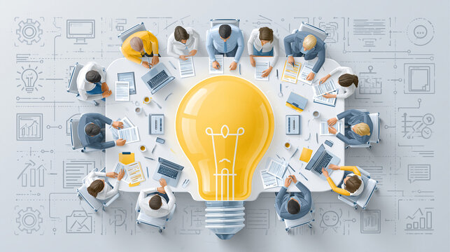 Brainstorming Session: A team of professionals gathers around a table, illuminated by a giant lightbulb, symbolizing a collective brainstorming session for innovative ideas.
