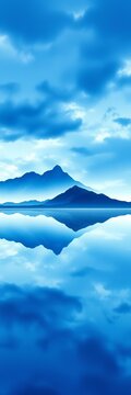 Misty blue watercolor landscape with mountain silhouettes reflected on calm water under cloudy sky, tranquil, water