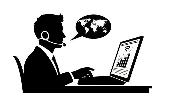 Black and white silhouette of a businessman wearing a headset using a laptop with data graphs, speech bubble showing a world map illustrating global corporate communication and support.