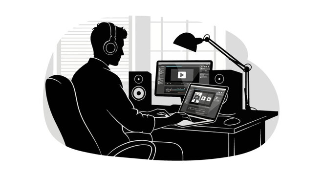 Silhouette of a male video editor with headphones at desk using laptop and monitor for post-production work with speakers and studio lamp in black and white vector style.