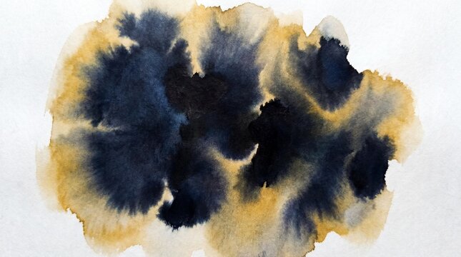 An abstract ink wash watercolor texture background with deep navy blue and golden yellow paint bleeding on paper