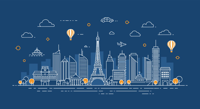 Paris skyline blueprint illustration featuring the Eiffel Tower and skyscrapers over a dark blue backdrop.