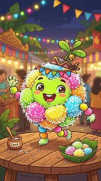 A colorful cenil dessert mascot made of chewy rice flour pieces coated with coconut. The bright colors create a playful and cheerful cartoon character.