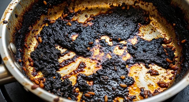 Burnt Pan with Charred Food and Residue Close-up.