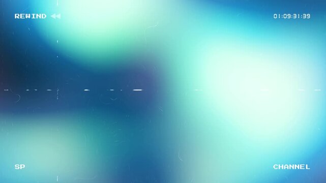 Abstract retro VHS rewind effect featuring colorful light leaks analog glitch noise and vintage on screen display with timecode and playback indicators
