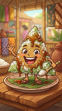 A triangular lupis rice cake mascot covered with coconut and palm sugar syrup. The sweet traditional snack is illustrated with a joyful cartoon expression.