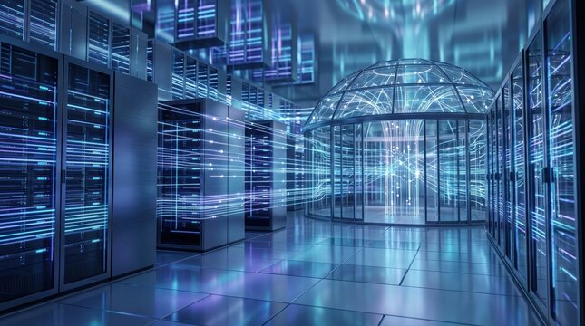 Futuristic server room with glowing blue data lines and glass dome structure in high tech data center, cloud computing concept, cybersecurity network, big data storage
