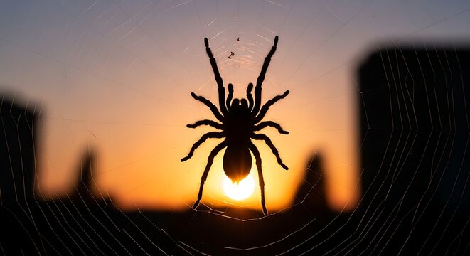 Close-Up of Spider Silhouette Against Sunset Sky.