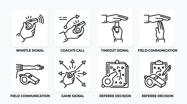 Referee whistle and coach hand signal icon collection