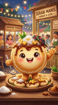 A warm and fluffy serabi pancake mascot with a sweet topping. The traditional Indonesian pancake character appears cheerful and inviting.