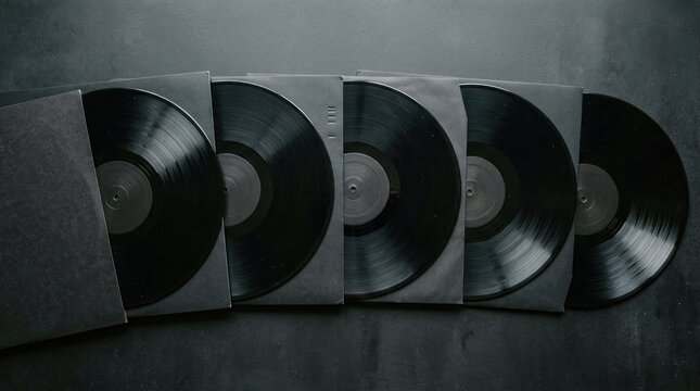 Several black vinyl records are stacked in protective sleeves and arranged on a dark gray textured surface. The records are positioned horizontally, showcasing their circular shapes and grooves.