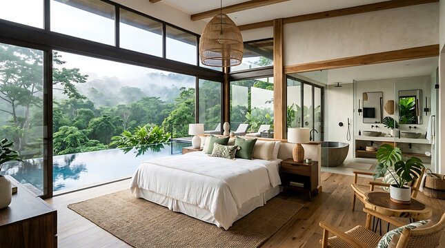 Luxury tropical villa bedroom with infinity pool view and lush jungle scenery at sunset in bali indonesia tropical infinity