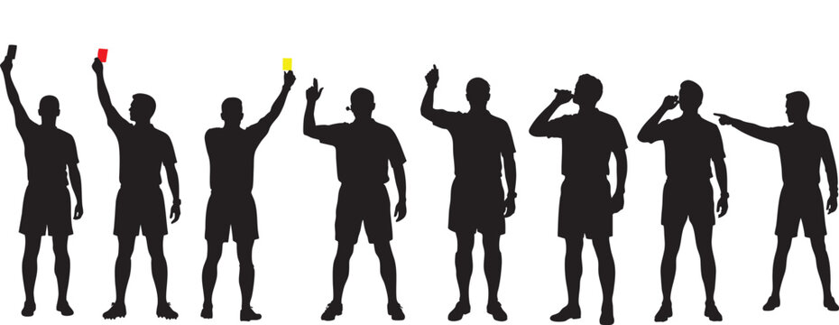 Group of sport referees standing in various poses with penalty cards silhouette official football standing discipline decision competitive professional