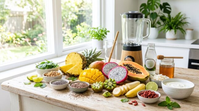 A person prepares a vibrant smoothie with fresh tropical fruits and ingredients on a wooden table. The scene is set in a bright, airy kitchen with a large window overlooking a garden.