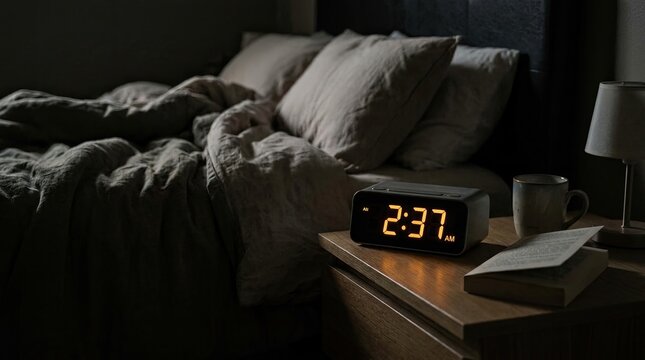 A digital alarm clock displays 2:37 AM in bright red numerals on a dark wooden bedside table. The clock sits next to a mug of coffee, a book, and a small lamp.