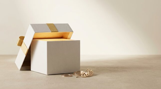 A white gift box with gold accents is open, revealing a collection of gold coins and a small laurel wreath. The box sits on a textured, light beige surface.