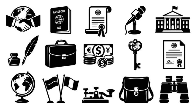 Black and White Glyph Icons Representing Global Business, Finance, and Diplomacy