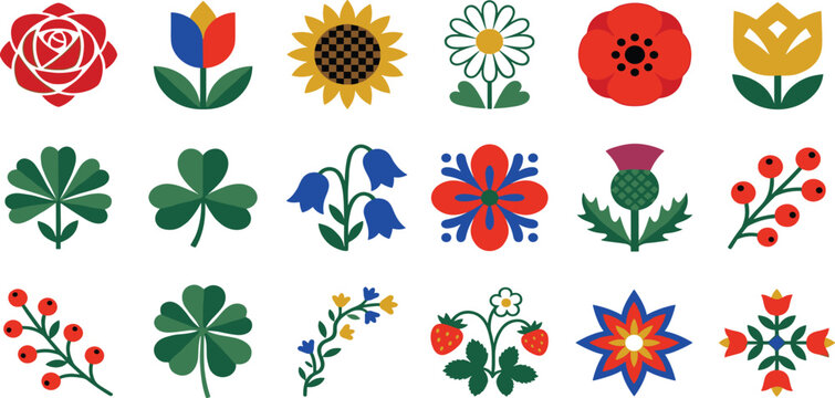 Geometric folklore flower vector icon collection with geometric scandinavian rose tulip sunflower poppy thistle clover daisy and traditional folk floral embroidery patterns