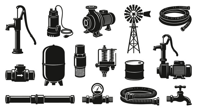 Black and White Vector Icons of Water Pumps, Pipes, and Plumbing Equipment