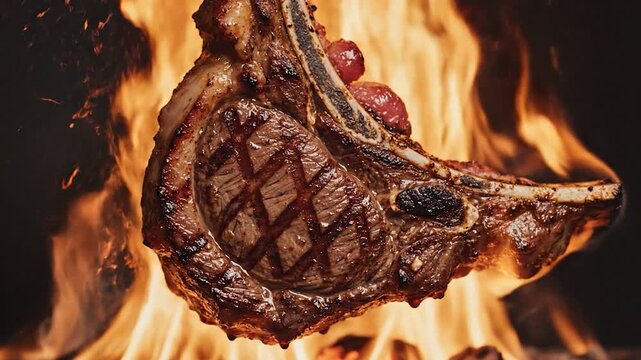 Beef steak searing over open flames