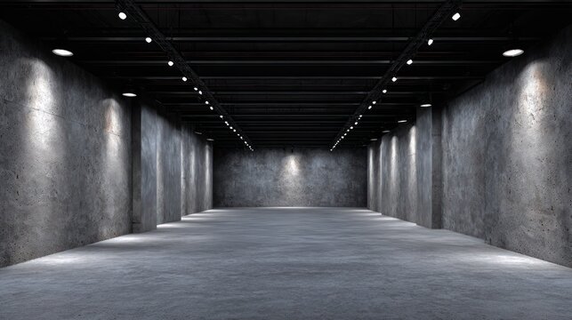 Large, empty industrial interior space illuminated by overhead track lighting casts dramatic shadows on rough concrete surfaces.