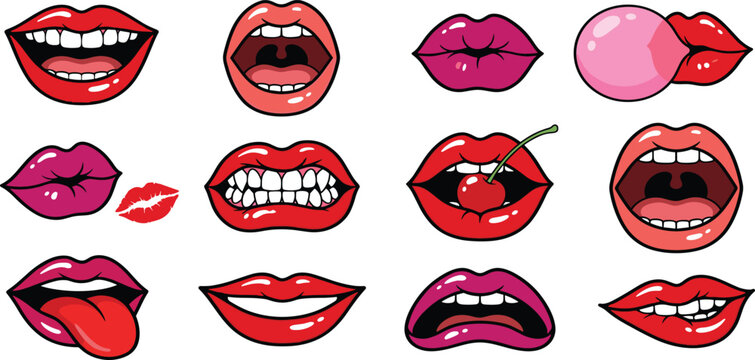 Pop art mouth and lips vector collection featuring red lipstick smile expressions kiss mark bubblegum chewing cherry biting vampire fangs and tongue out icons