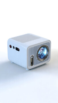 Modern portable mini projector on a white background, compact smart home theater device