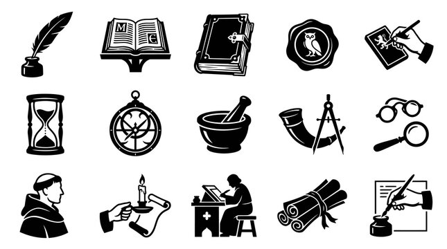 Black and White Glyph Vector Icons of Ancient Wisdom, Medieval Scholarship, and Historical Tools