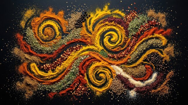 A vibrant, swirling pattern is created using a variety of colorful spices. The spices, including turmeric, paprika, cumin, and black peppercorns, are arranged in a dynamic, spiral design.