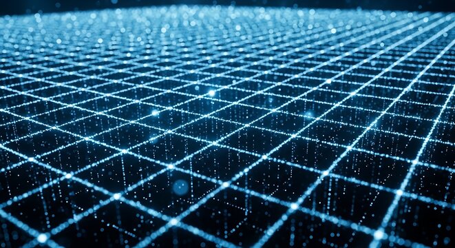 Digital grid background with blue lines.