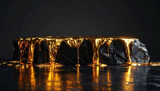 Abstract Dark Rock Formation Drenched in Molten Gold Liquid.