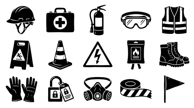 Black  White Glyph Icons Set for Occupational Safety  Health (OSH): Workplace Tools, PPE, and Warning Signs