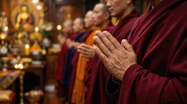 Group of Buddhist monks in traditional robes with clasped hands, engaged in prayer inside a temple adorned with candles and religious artifacts