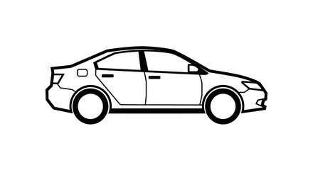 Fototapeta premium Simple black and white line art illustration of a generic sedan car, side view. Outline graphic of an automobile vehicle.