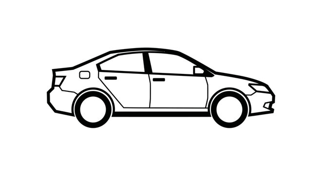 Simple black and white line art illustration of a generic sedan car, side view. Outline graphic of an automobile vehicle.