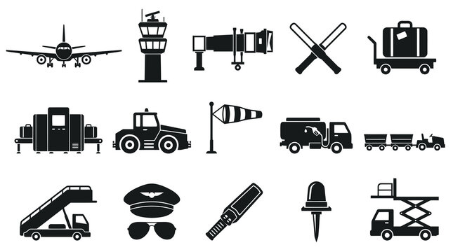 Airport and Aviation Travel Glyph Icons Set: Aircraft, Control Tower, Baggage, Security Symbols