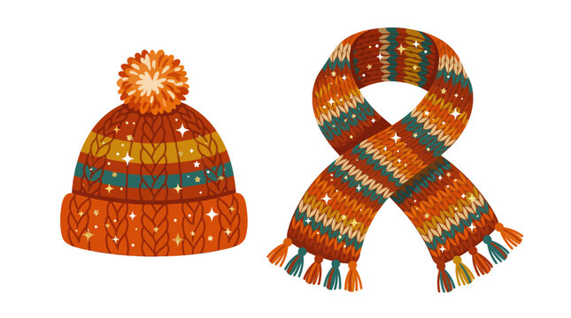Winter beanie hat and striped scarf set with fall colors.