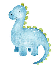 Naklejka premium Watercolor sauropod dinosaur illustration with blue body and long neck. Hand painted prehistoric character for nursery decor, apparel, stickers and educational materials.