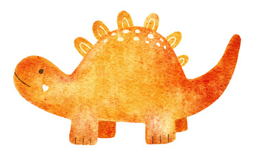 Watercolor stegosaurus illustration with orange scales and friendly character design. Hand painted prehistoric dinosaur for nursery decor, apparel, stickers and educational projects. © Evgeniia