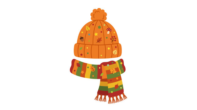 Orange knit winter hat and scarf with autumn leaf patterns.