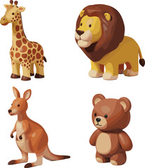 Fototapeta premium Cartoon giraffe lion kangaroo teddy bear cute animal illustration set for children’s education toys nursery design isolated vector art