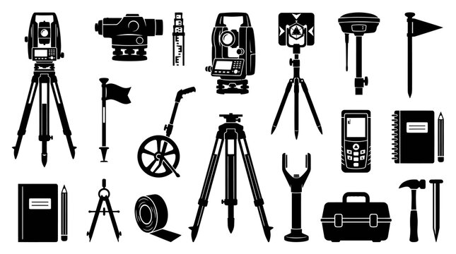 Surveying Equipment Glyph Icons Set. Geodetic Tools for Land Surveyors, Civil Engineering, Construction