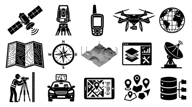 GIS, Surveying, and Geolocation Technology Black  White Glyph Icons Set