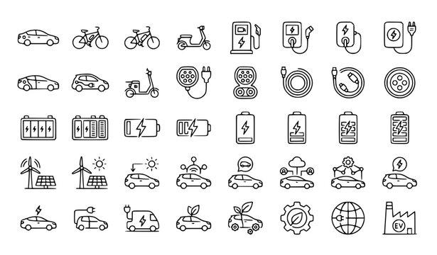 Electric Vehicle Editable Stroke Icons EV Charging Vector Set