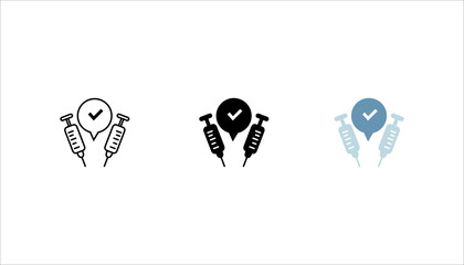 Minimal black outline icon featuring syringes with a check mark speech bubble, symbolizing verified vaccination, medical approval, healthcare safety, and immunization confirmation. Isolated on light b © bang