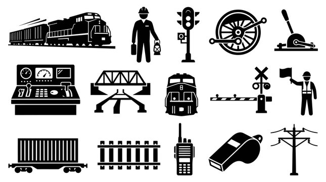 Railway Transport Black and White Glyph Icons Set. Solid Train, Locomotive, and Track Elements Collection.